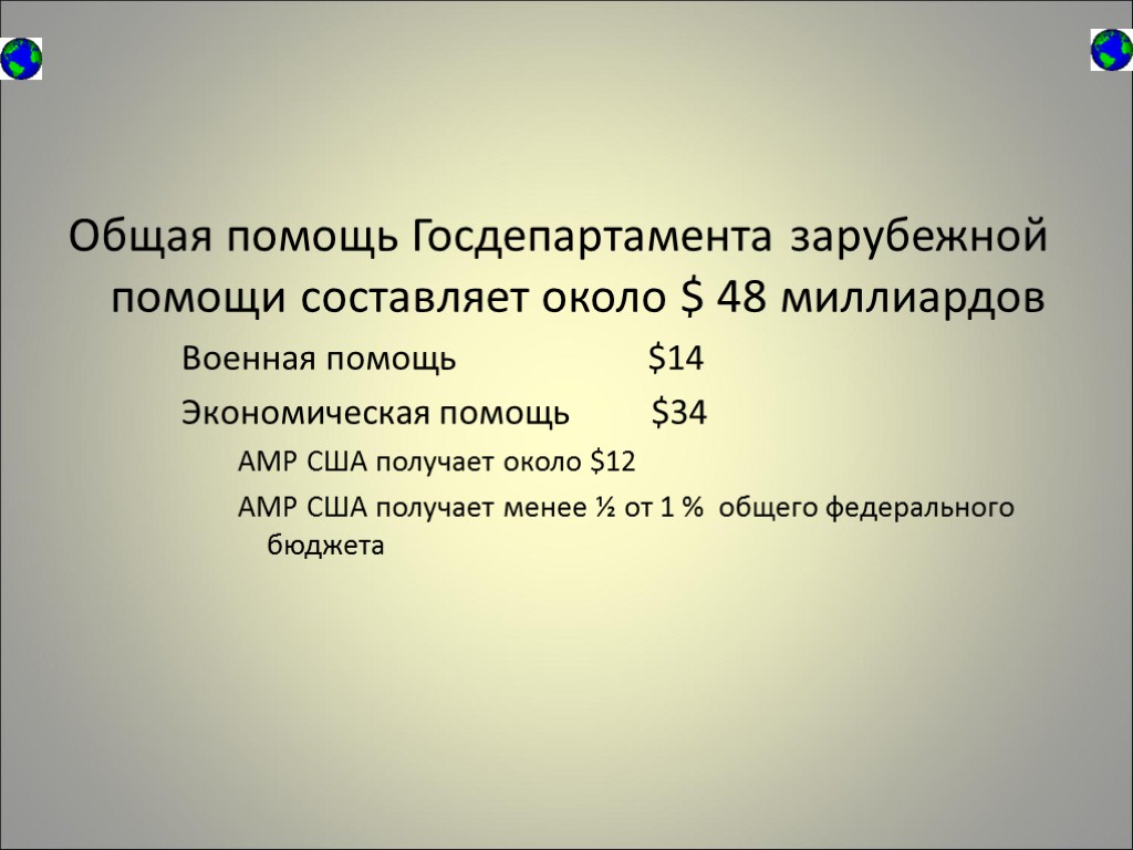 Общая помощь Госдепартамента зарубежной помощи составляет около $ 48 миллиардов Военная помощь $14 Экономическая